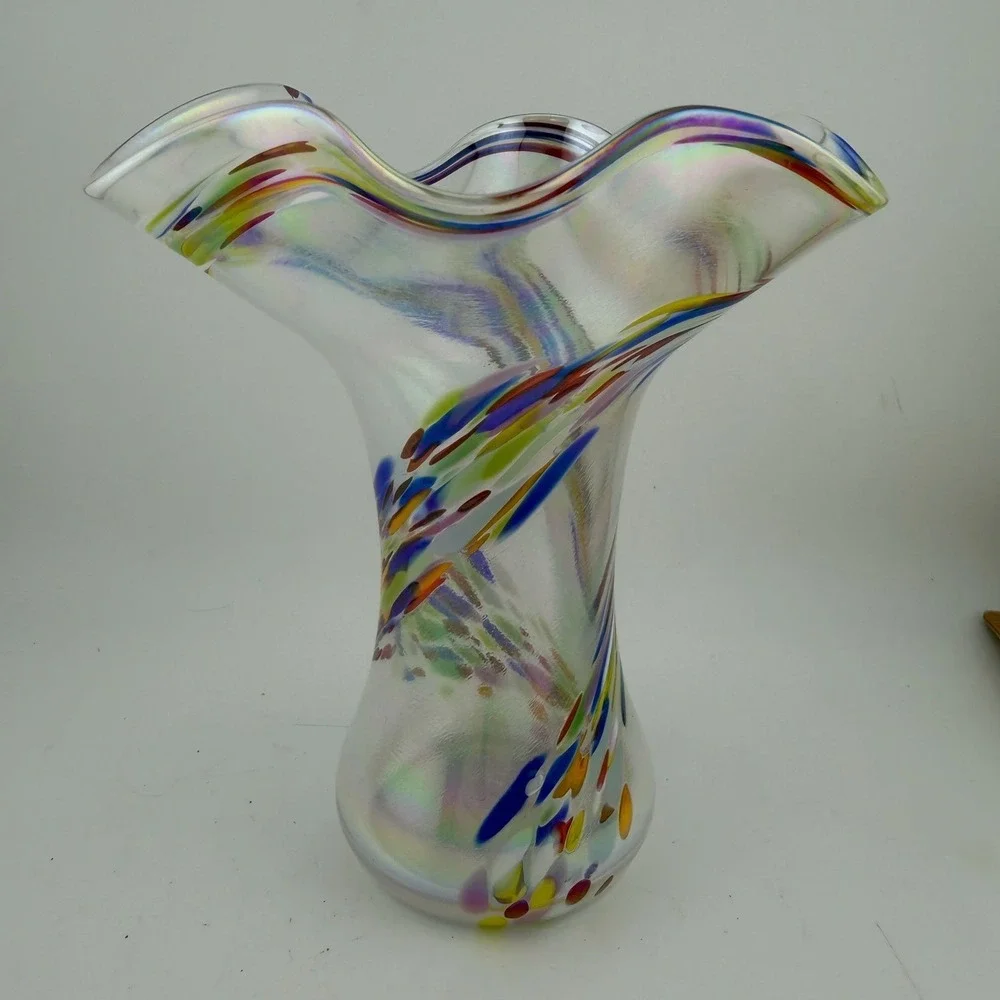 Murano Hand Blown Art Glass Vase Medium Multicolor Iridescent Ruffled Confetti